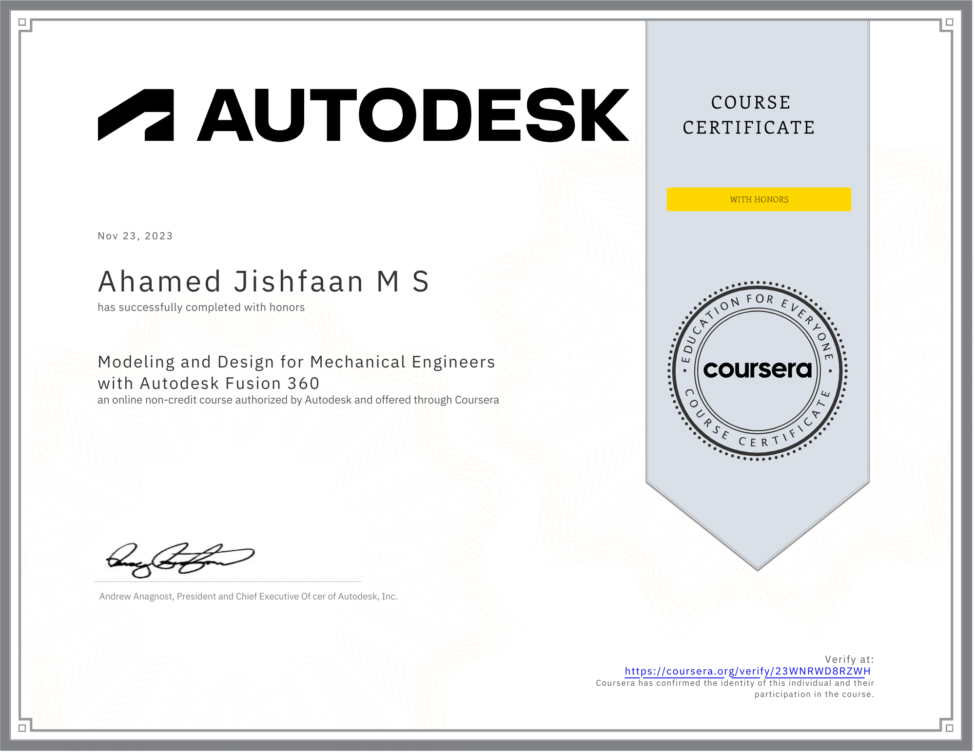 Modeling and Design Certificate