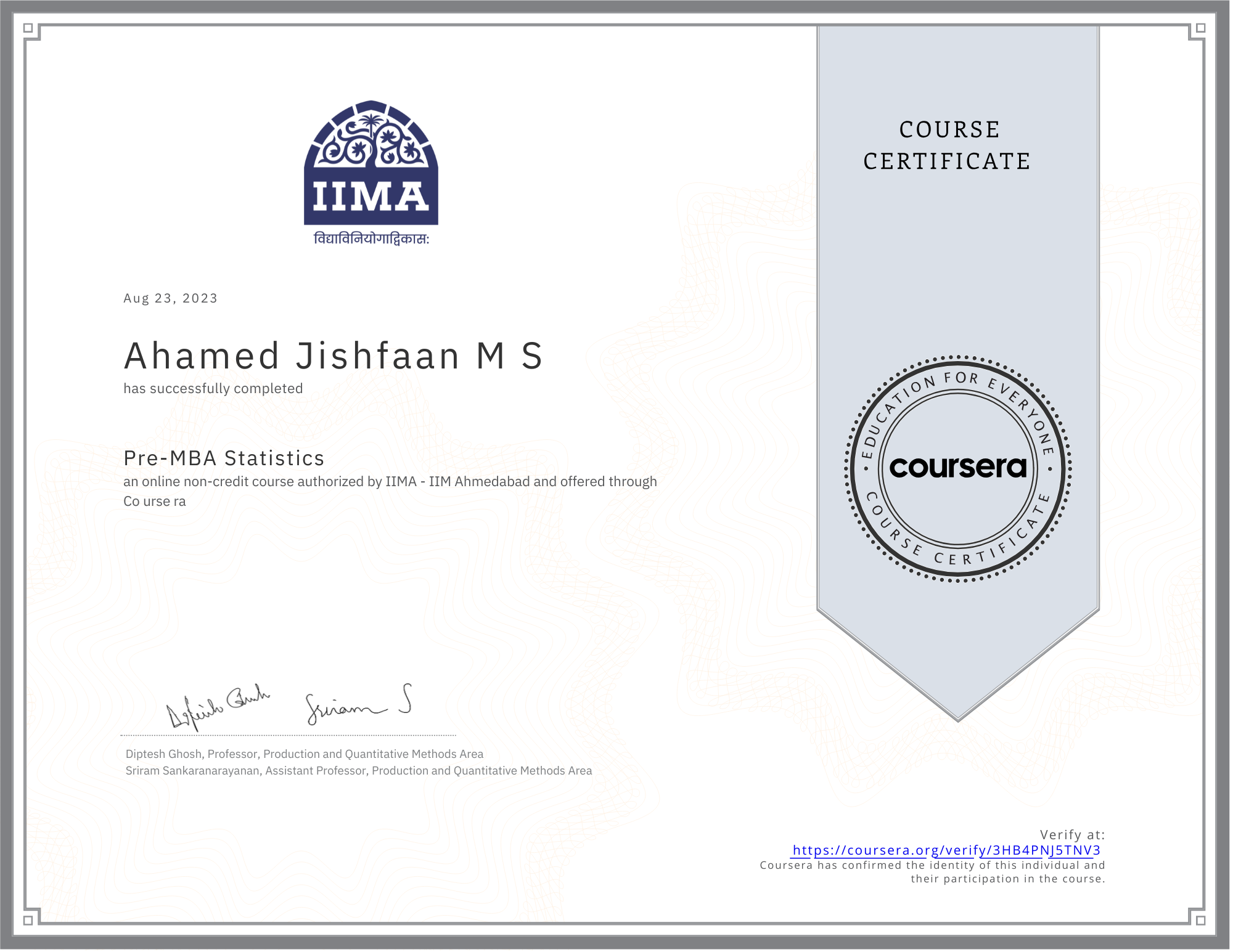 Pre MBA (Statistics) Certificate